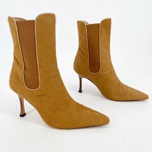 Manolo Blahnik Vintage Ponyhair Camel Brown Heeled Chelsea Ankle Boot IT 37